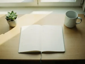 Open planner met tijdlijnschets op licht eiken bureau naast een vetplant en wit keramisch koffiekopje, zacht natuurlijk daglicht.