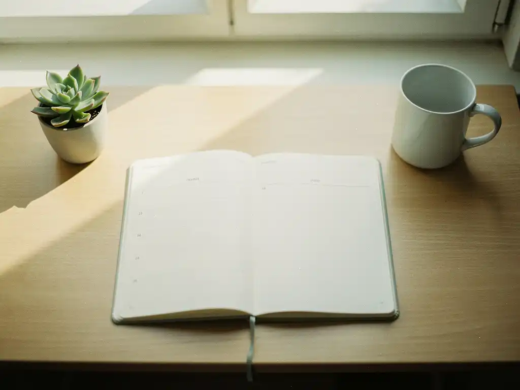 Open planner met tijdlijnschets op licht eiken bureau naast een vetplant en wit keramisch koffiekopje, zacht natuurlijk daglicht.
