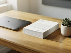 Houten bureau met stapel partnercontracten naast gesloten laptop en vetplant in zacht ochtendlicht.