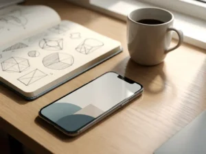 Smartphone met app-interface op licht eiken bureau naast notitieboek met wireframeschetsen en keramische koffiemok in ochtendlicht.