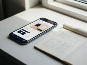 Smartphone met app-wireframe op wit bureau naast notitieboek met schetsontwerpen, fotografeerd in zacht natuurlijk daglicht.