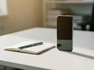 Smartphone rechtop op wit bureau naast open notitieboekje en pen, zacht ochtendlicht met warme neutrale tinten.
