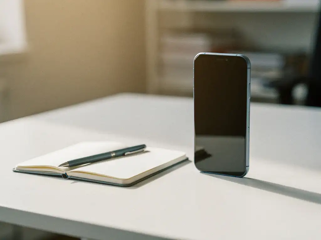 Smartphone rechtop op wit bureau naast open notitieboekje en pen, zacht ochtendlicht met warme neutrale tinten.