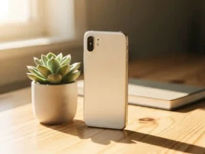 Smartphone rechtop op een houten bureau naast een kleine vetplant, warm ochtendlicht en onscherp notitieboek op de achtergrond.