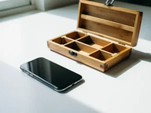 Smartphone en houten gereedschapskist met maatvakken op wit bureau, verlicht door zacht natuurlijk daglicht.