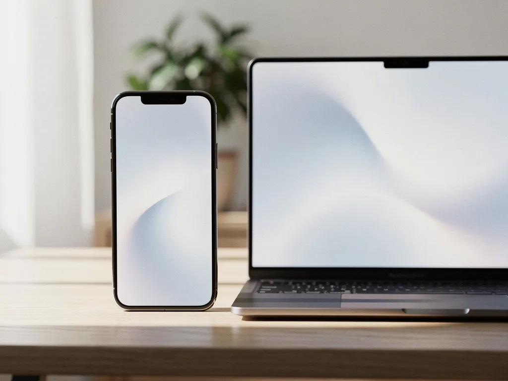Smartphone rechtop naast een open laptop op een licht eiken bureau, zacht abstract licht op beide schermen, kleine groene plant op de achtergrond.