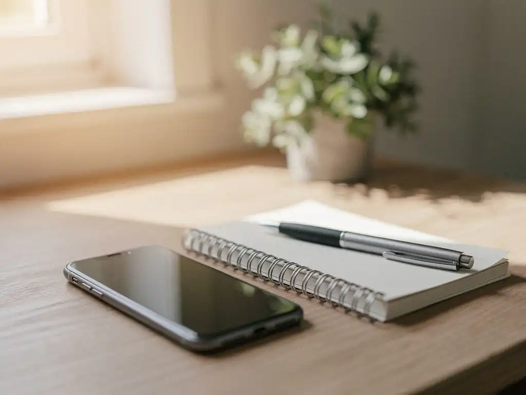 Smartphone en spiraalschrift met pen op een lichte eiken bureau, zacht natuurlijk daglicht en een vage groene plant op de achtergrond.