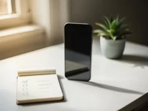 Moderne smartphone rechtop op wit bureau naast open notitieboekje met checklist, groene plant op achtergrond, warm natuurlijk licht.
