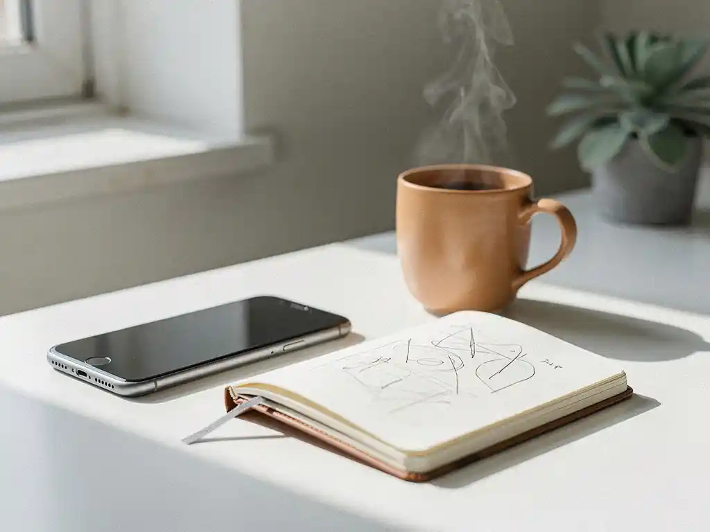 Smartphone en open notitieboek met schetsjes op wit bureau, naast koffiekopje en kleine plant op de achtergrond.