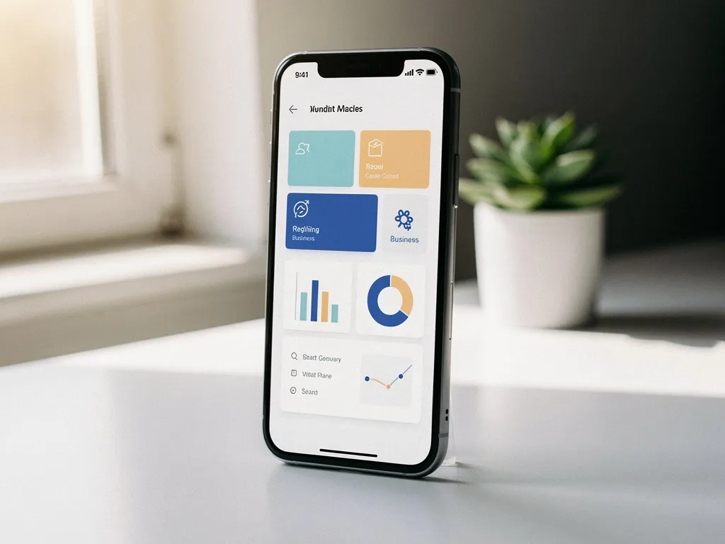 Smartphone met zakelijk dashboard-app op wit bureau, zachte natuurlijke daglichtinval, kleine succulent op de achtergrond.