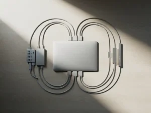 USB-hub en kabels netjes gerangschikt op een licht eiken bureau, verbonden met een moderne laptop in zacht ochtendlicht.