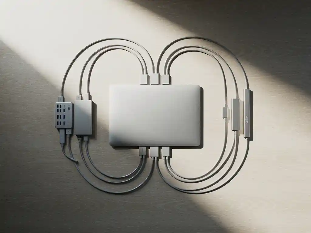 USB-hub en kabels netjes gerangschikt op een licht eiken bureau, verbonden met een moderne laptop in zacht ochtendlicht.