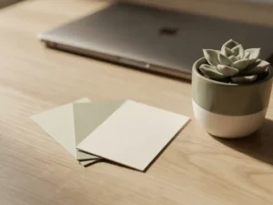 Drie visitekaartjes uitgewaaierd op een eiken bureau naast een kleine vetplant, met een laptop op de achtergrond in zacht natuurlijk daglicht.