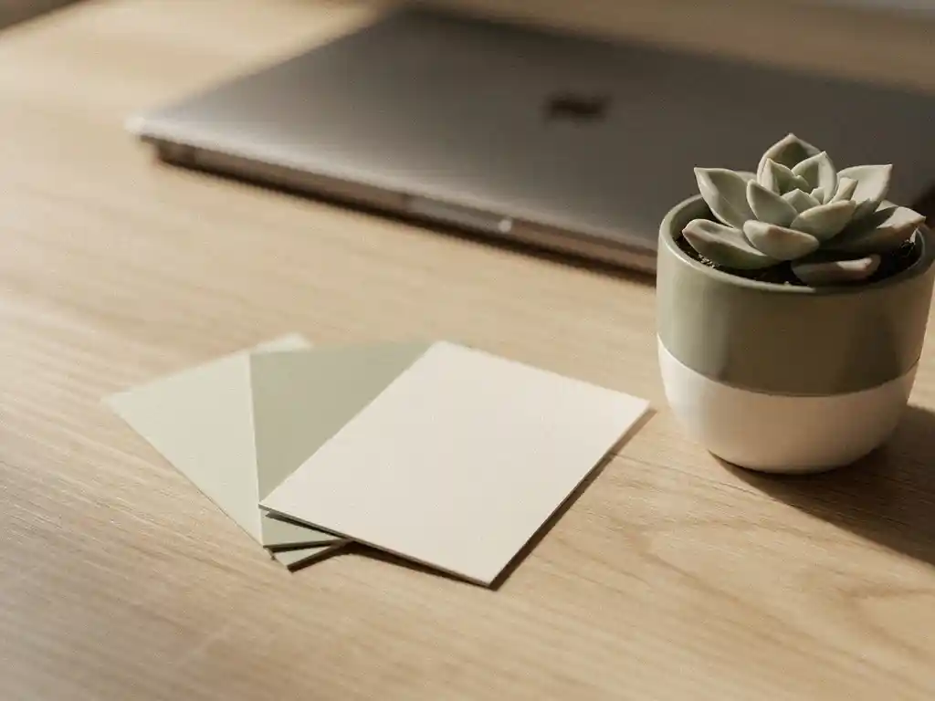 Drie visitekaartjes uitgewaaierd op een eiken bureau naast een kleine vetplant, met een laptop op de achtergrond in zacht natuurlijk daglicht.