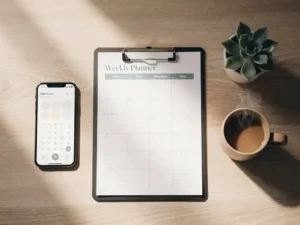 Wekelijkse planner op licht eikenhouten bureau met smartphone, succulent en keramische koffiemok in warm daglicht.