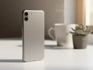 Zakelijke smartphone rechtop op wit bureau, met wazige koffiemok en succulent op de achtergrond in warm natuurlijk licht.